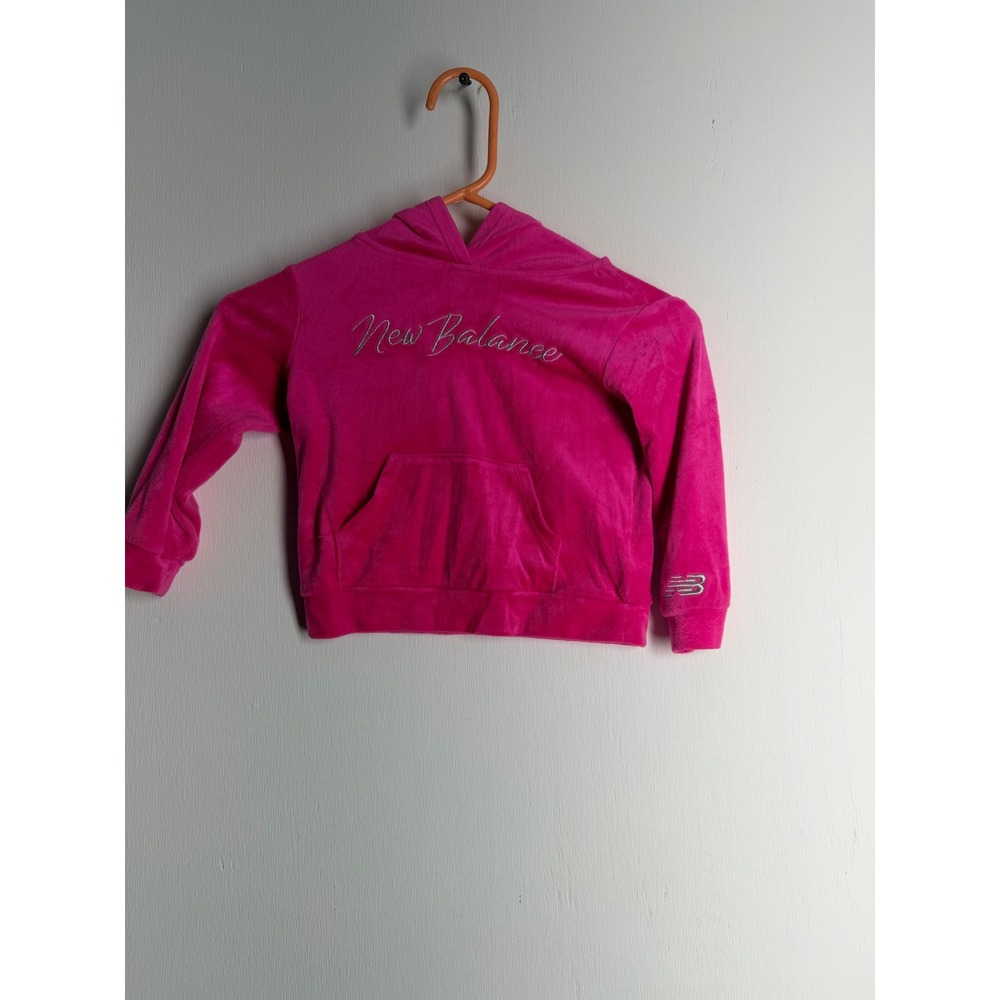 New Balance Girls Hot Pink Velour Hoodie Sweatshirt Silver Logo Size 4T